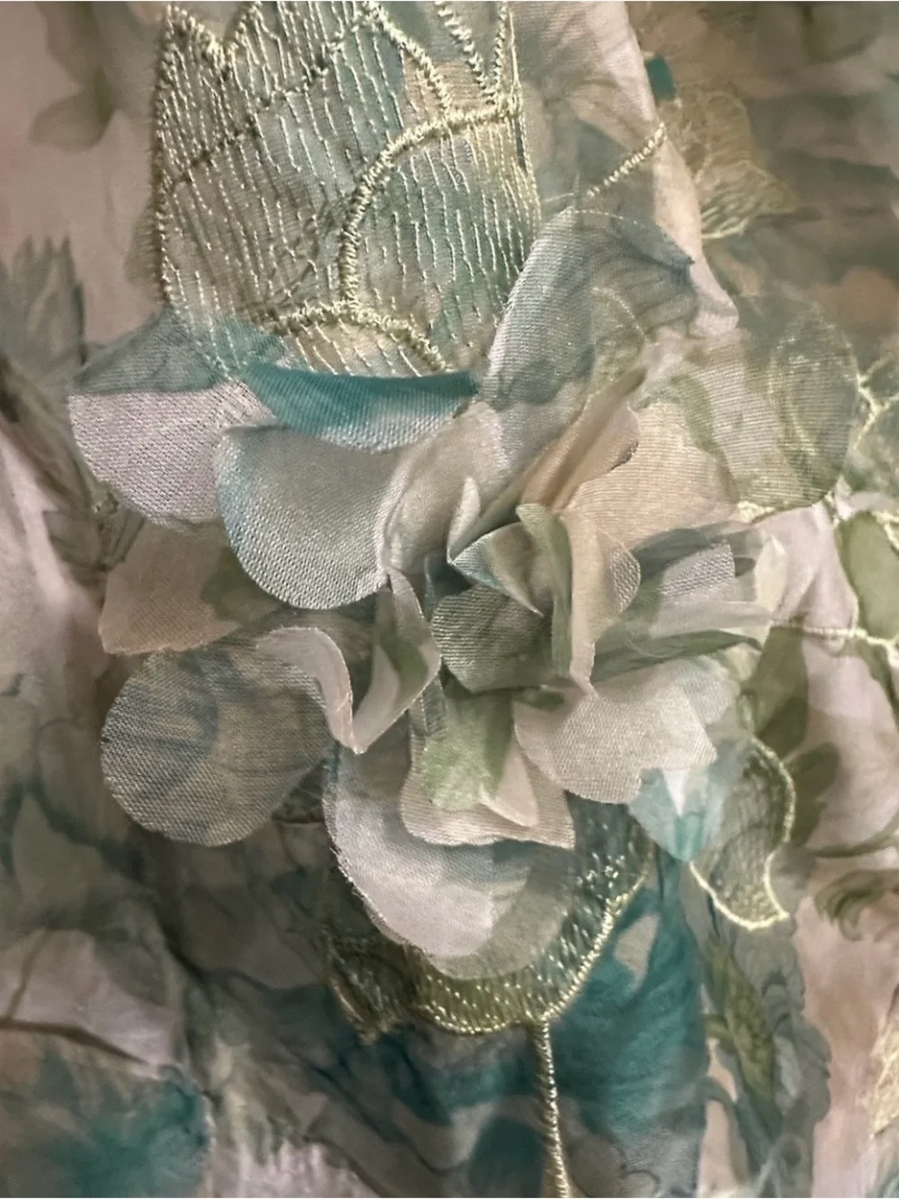 Anthropologie BHLDN Cream and Blue-Green Floral Spaghetti-Strap High-Low Dress - Picture 6 of 7